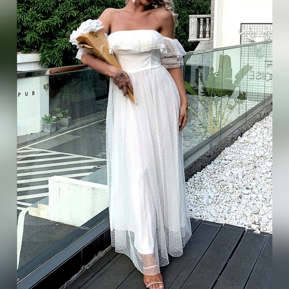 Romantic Off Shoulder Lace Trim Polka Dot White Long Prom Bride Dress XS